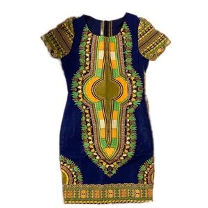 Navy Blue & Yellow Dashiki Print Sheath Dress